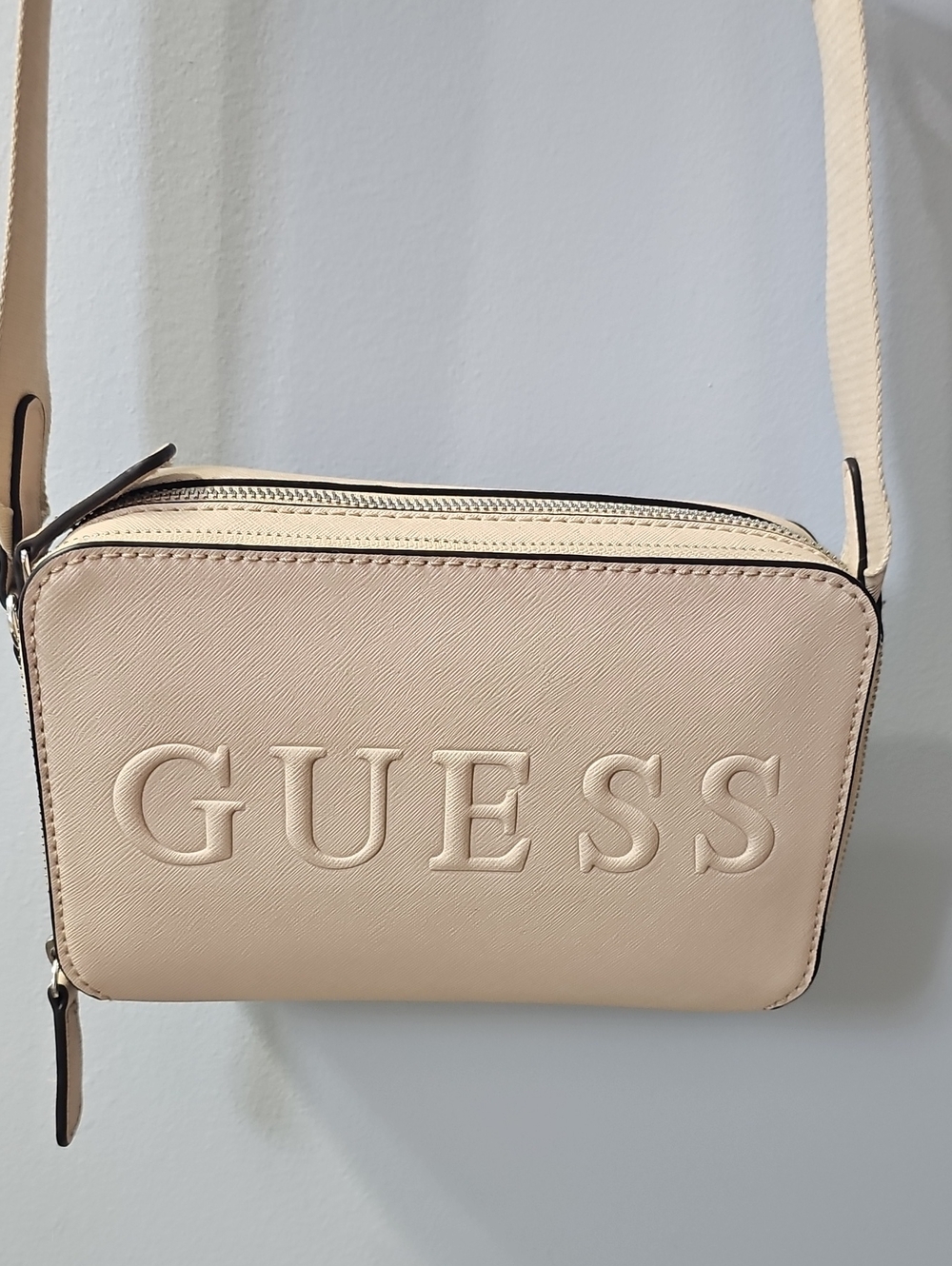 GUESS Beige Embossed Logo Crossbody Bag